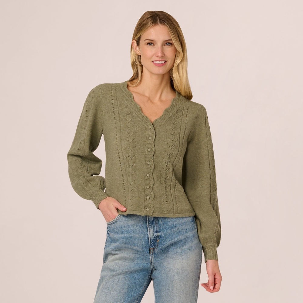Adrianna Papell | Scalloped Pointelle Cardigan Sweater | Evergreen Fog | M